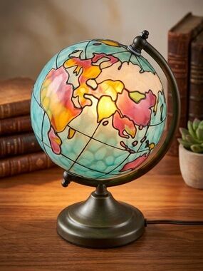 Vintage Tiffany Style Stained Glass Globe Table Lamp | Colorful World Map Light